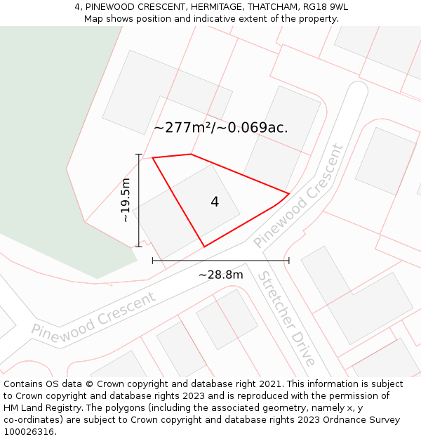 4, PINEWOOD CRESCENT, HERMITAGE, THATCHAM, RG18 9WL: Plot and title map