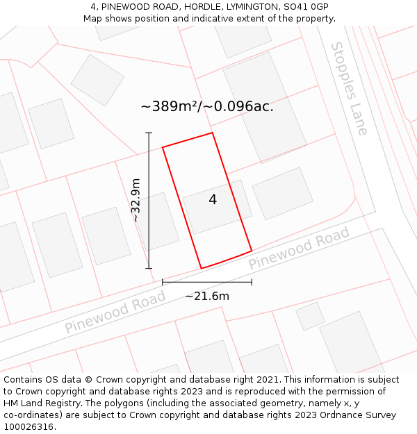 4, PINEWOOD ROAD, HORDLE, LYMINGTON, SO41 0GP: Plot and title map