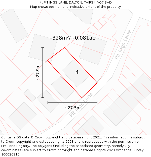4, PIT INGS LANE, DALTON, THIRSK, YO7 3HD: Plot and title map