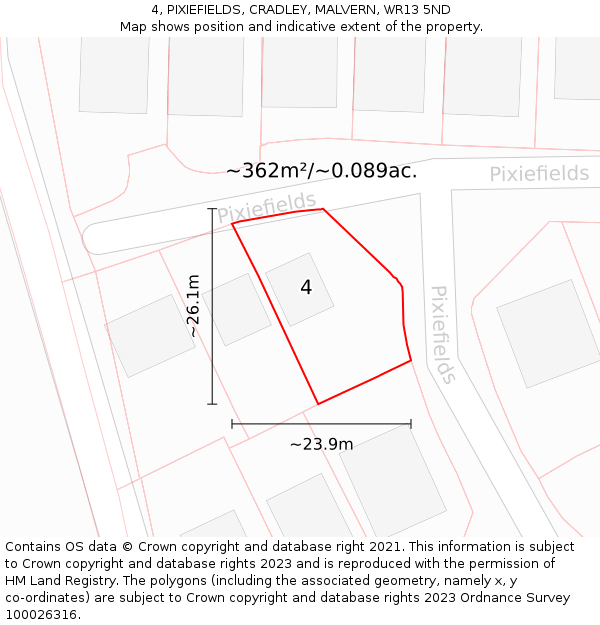 4, PIXIEFIELDS, CRADLEY, MALVERN, WR13 5ND: Plot and title map