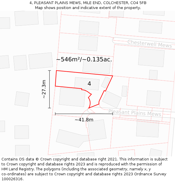 4, PLEASANT PLAINS MEWS, MILE END, COLCHESTER, CO4 5FB: Plot and title map