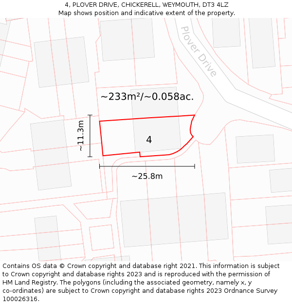 4, PLOVER DRIVE, CHICKERELL, WEYMOUTH, DT3 4LZ: Plot and title map