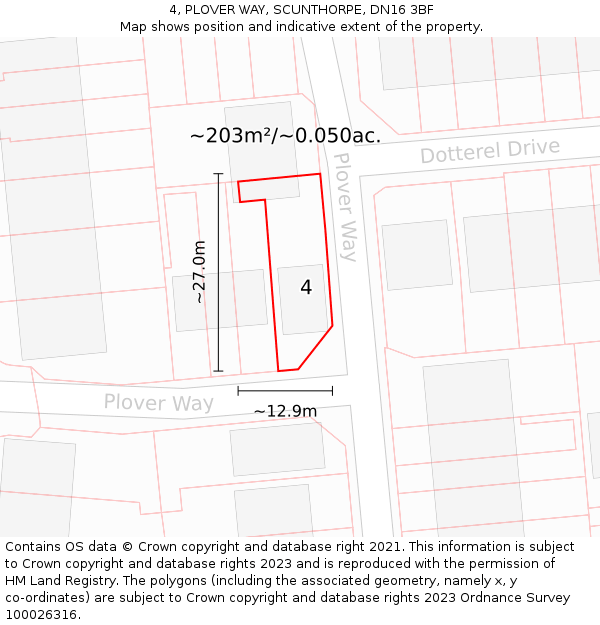 4, PLOVER WAY, SCUNTHORPE, DN16 3BF: Plot and title map