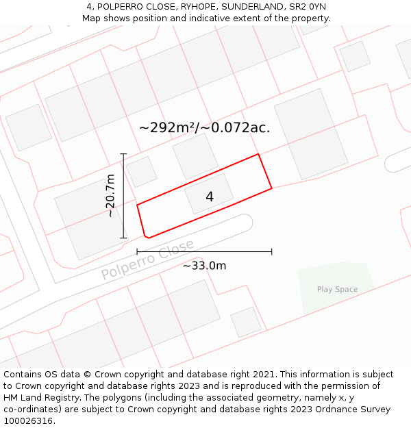 4, POLPERRO CLOSE, RYHOPE, SUNDERLAND, SR2 0YN: Plot and title map