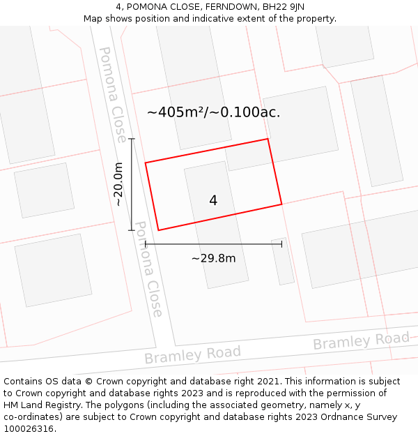 4, POMONA CLOSE, FERNDOWN, BH22 9JN: Plot and title map