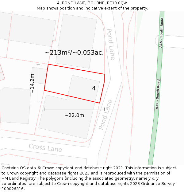 4, POND LANE, BOURNE, PE10 0QW: Plot and title map