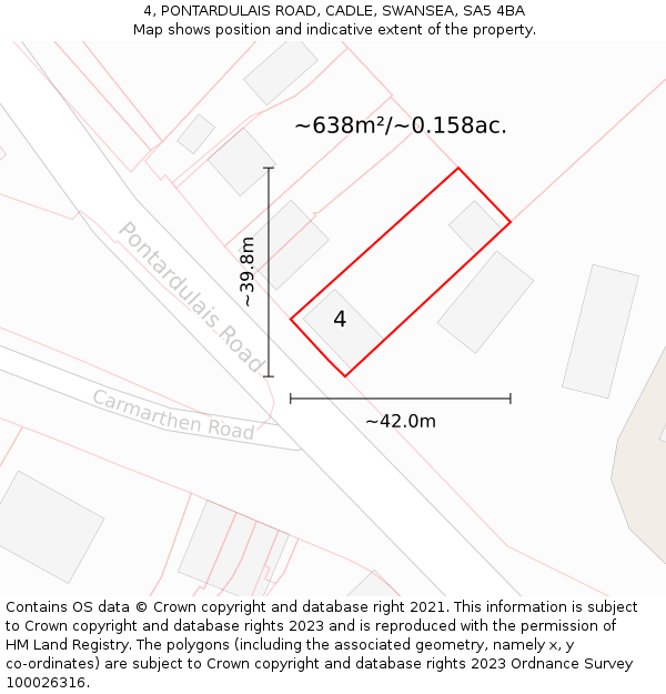 4, PONTARDULAIS ROAD, CADLE, SWANSEA, SA5 4BA: Plot and title map