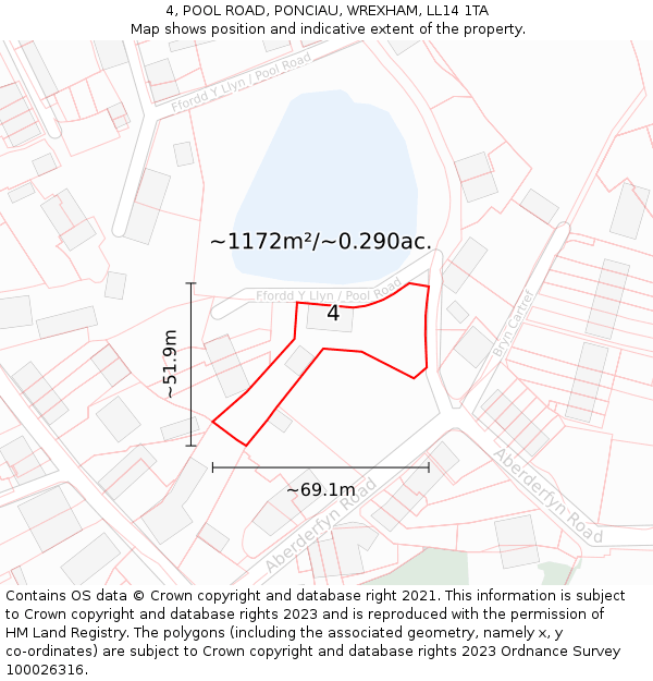 4, POOL ROAD, PONCIAU, WREXHAM, LL14 1TA: Plot and title map