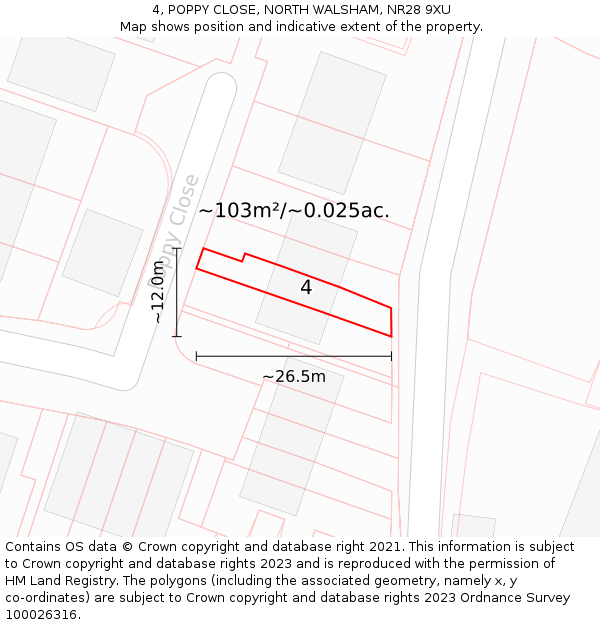 4, POPPY CLOSE, NORTH WALSHAM, NR28 9XU: Plot and title map