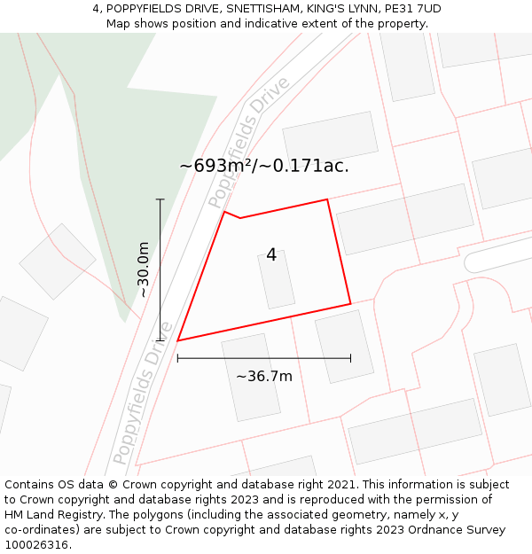 4, POPPYFIELDS DRIVE, SNETTISHAM, KING'S LYNN, PE31 7UD: Plot and title map