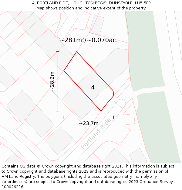 4, PORTLAND RIDE, HOUGHTON REGIS, DUNSTABLE, LU5 5FP: Plot and title map
