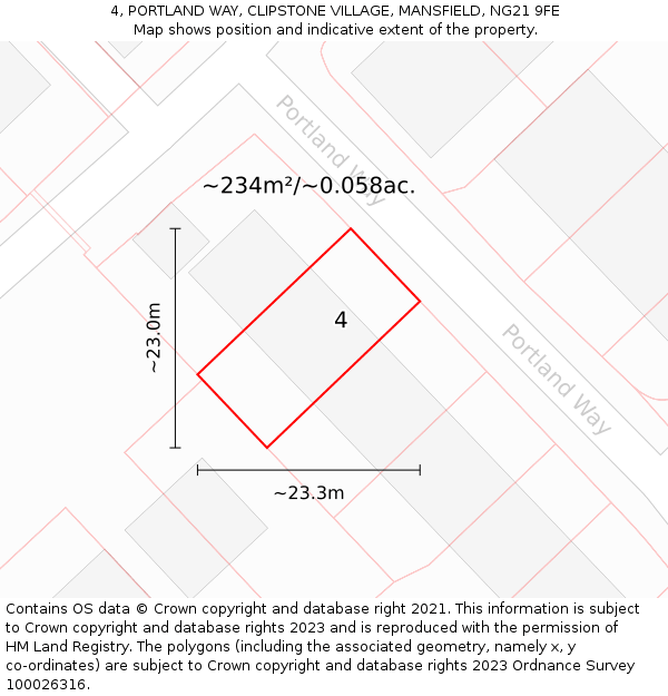 4, PORTLAND WAY, CLIPSTONE VILLAGE, MANSFIELD, NG21 9FE: Plot and title map