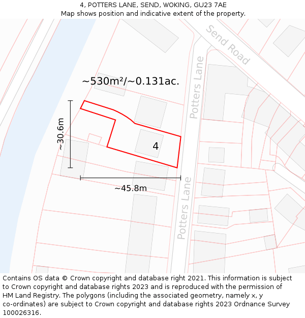 4, POTTERS LANE, SEND, WOKING, GU23 7AE: Plot and title map