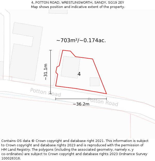 4, POTTON ROAD, WRESTLINGWORTH, SANDY, SG19 2EY: Plot and title map