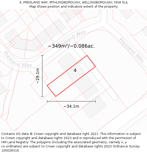 4, PRESLAND WAY, IRTHLINGBOROUGH, WELLINGBOROUGH, NN9 5UL: Plot and title map