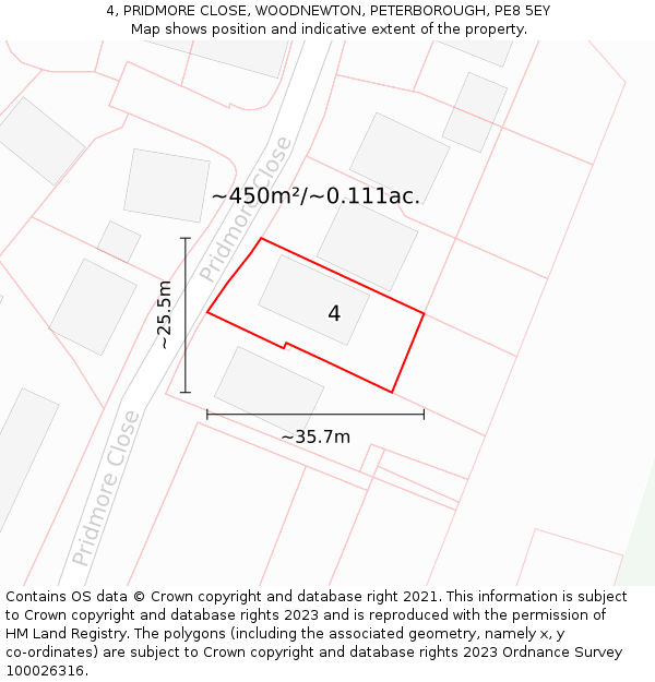 4, PRIDMORE CLOSE, WOODNEWTON, PETERBOROUGH, PE8 5EY: Plot and title map