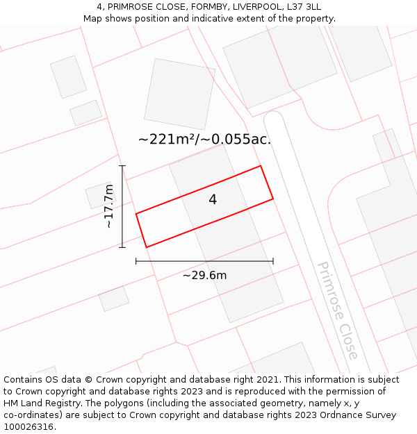 4, PRIMROSE CLOSE, FORMBY, LIVERPOOL, L37 3LL: Plot and title map