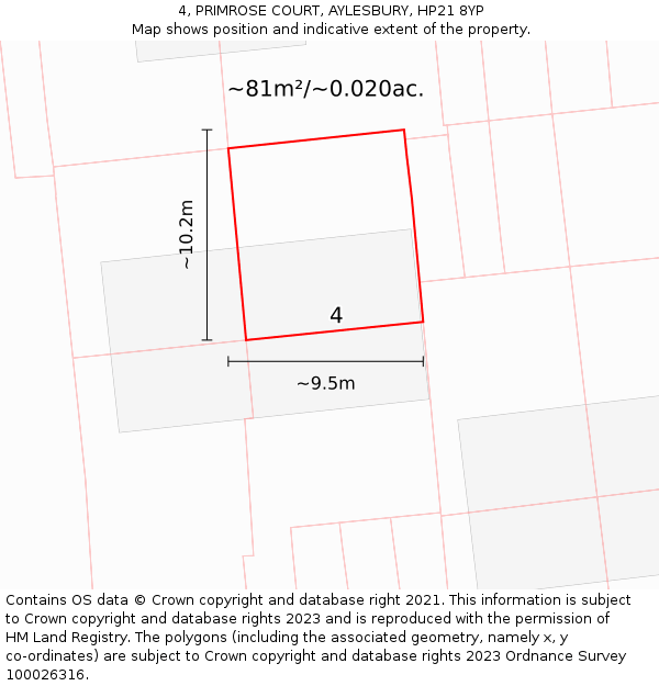 4, PRIMROSE COURT, AYLESBURY, HP21 8YP: Plot and title map