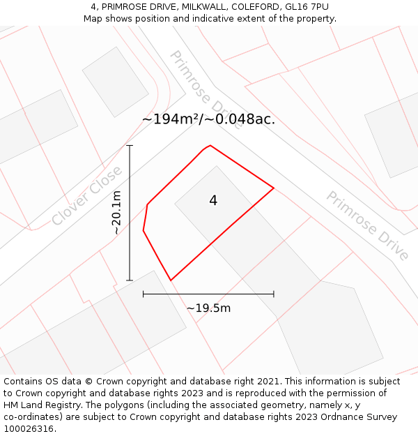4, PRIMROSE DRIVE, MILKWALL, COLEFORD, GL16 7PU: Plot and title map