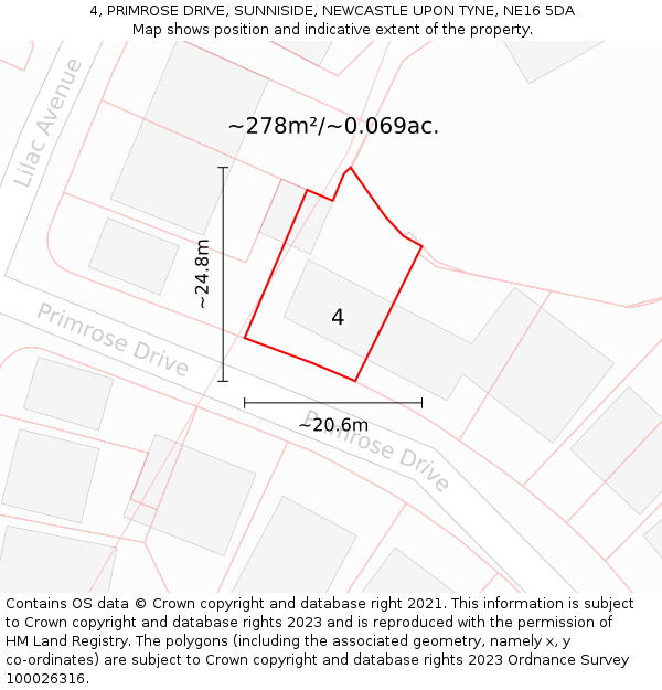 4, PRIMROSE DRIVE, SUNNISIDE, NEWCASTLE UPON TYNE, NE16 5DA: Plot and title map