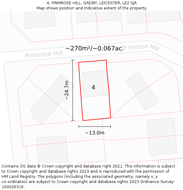 4, PRIMROSE HILL, OADBY, LEICESTER, LE2 5JA: Plot and title map