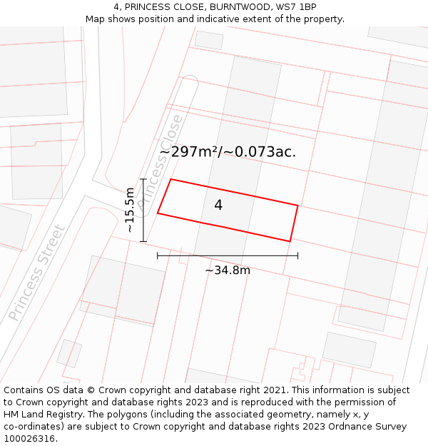 4, PRINCESS CLOSE, BURNTWOOD, WS7 1BP: Plot and title map