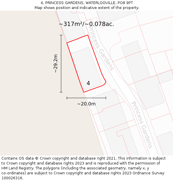 4, PRINCESS GARDENS, WATERLOOVILLE, PO8 9PT: Plot and title map