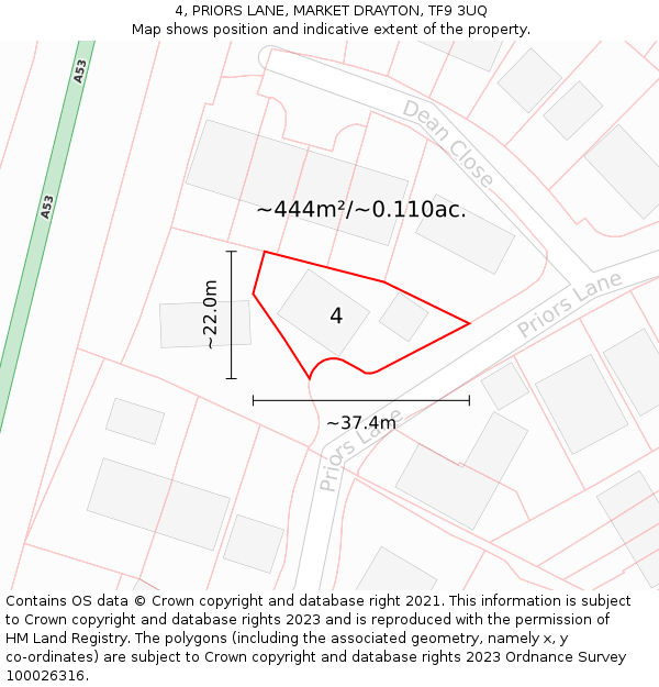 4, PRIORS LANE, MARKET DRAYTON, TF9 3UQ: Plot and title map