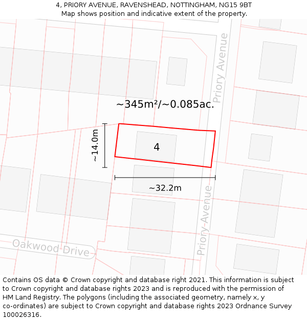 4, PRIORY AVENUE, RAVENSHEAD, NOTTINGHAM, NG15 9BT: Plot and title map