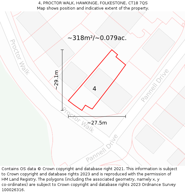 4, PROCTOR WALK, HAWKINGE, FOLKESTONE, CT18 7QS: Plot and title map