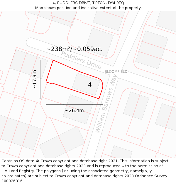 4, PUDDLERS DRIVE, TIPTON, DY4 9EQ: Plot and title map