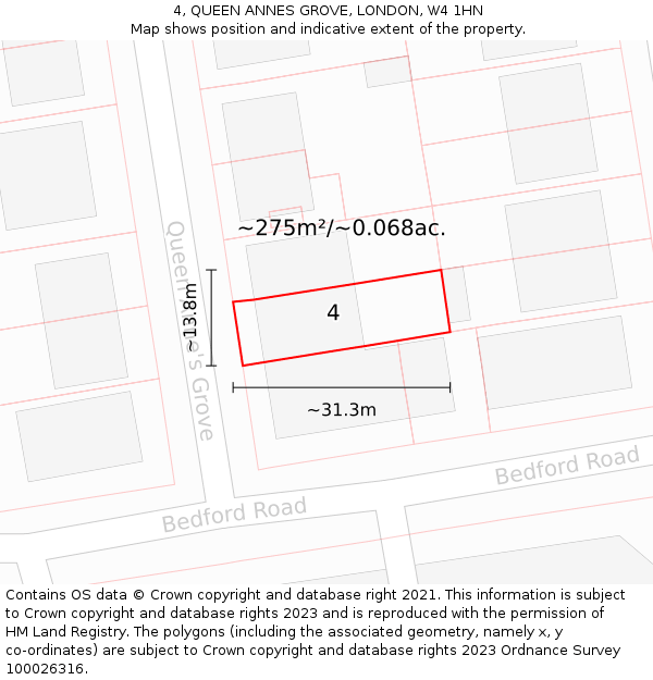 4, QUEEN ANNES GROVE, LONDON, W4 1HN: Plot and title map