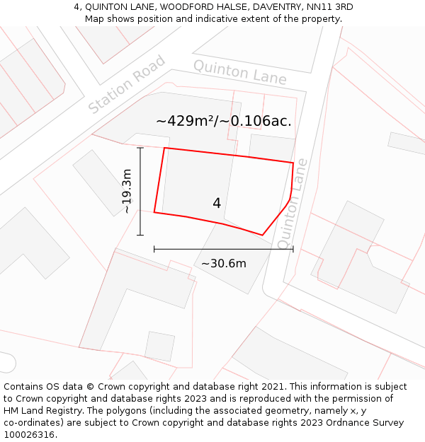 4, QUINTON LANE, WOODFORD HALSE, DAVENTRY, NN11 3RD: Plot and title map