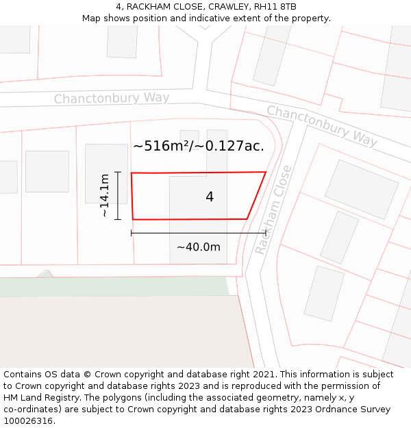 4, RACKHAM CLOSE, CRAWLEY, RH11 8TB: Plot and title map