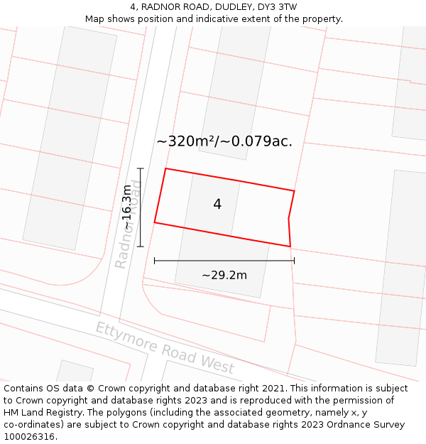 4, RADNOR ROAD, DUDLEY, DY3 3TW: Plot and title map