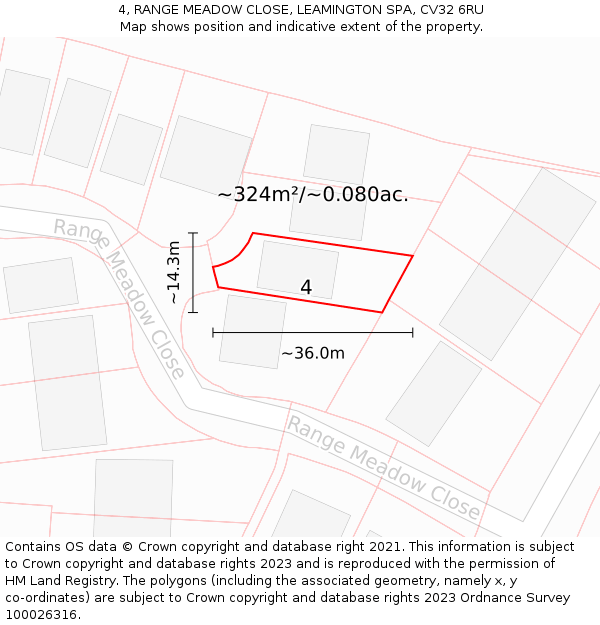 4, RANGE MEADOW CLOSE, LEAMINGTON SPA, CV32 6RU: Plot and title map