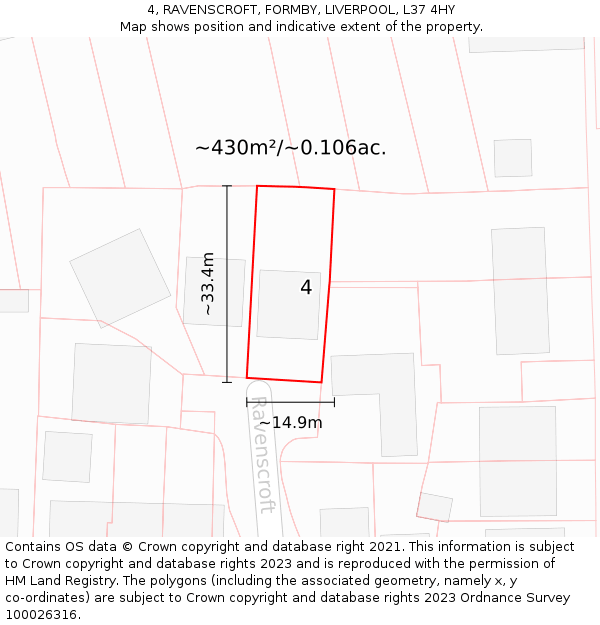 4, RAVENSCROFT, FORMBY, LIVERPOOL, L37 4HY: Plot and title map