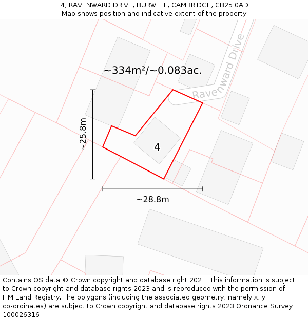 4, RAVENWARD DRIVE, BURWELL, CAMBRIDGE, CB25 0AD: Plot and title map