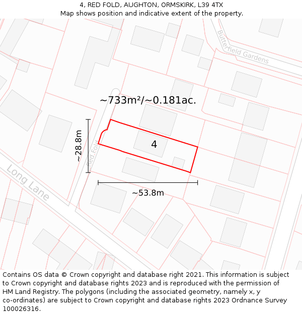 4, RED FOLD, AUGHTON, ORMSKIRK, L39 4TX: Plot and title map