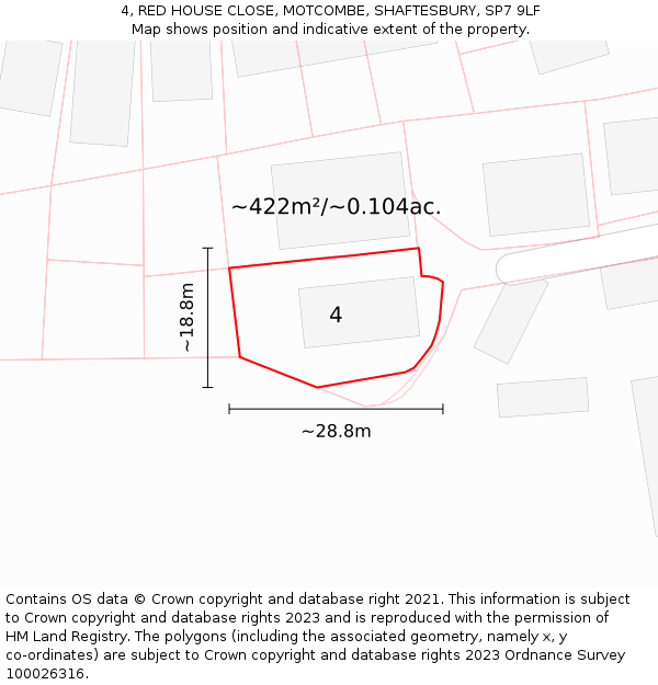 4, RED HOUSE CLOSE, MOTCOMBE, SHAFTESBURY, SP7 9LF: Plot and title map