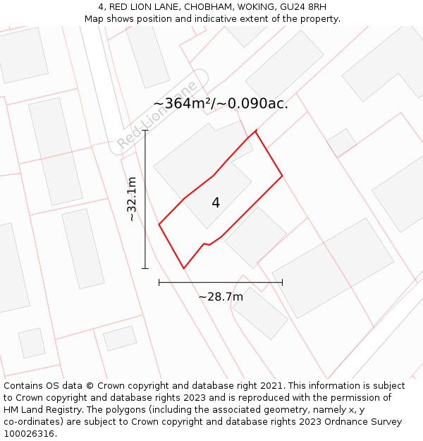 4, RED LION LANE, CHOBHAM, WOKING, GU24 8RH: Plot and title map