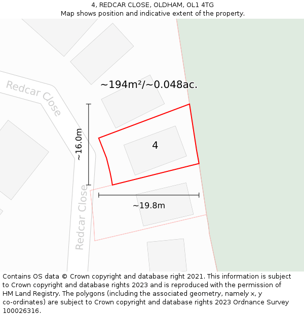 4, REDCAR CLOSE, OLDHAM, OL1 4TG: Plot and title map