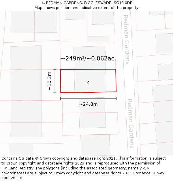 4, REDMAN GARDENS, BIGGLESWADE, SG18 0DF: Plot and title map