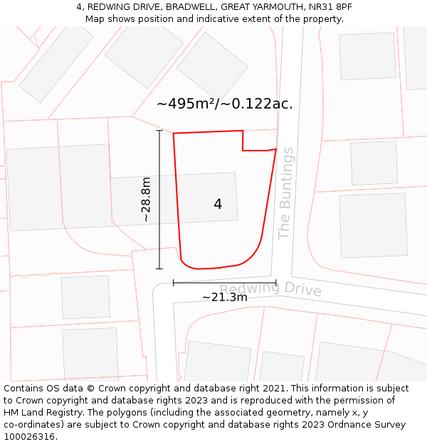 4, REDWING DRIVE, BRADWELL, GREAT YARMOUTH, NR31 8PF: Plot and title map