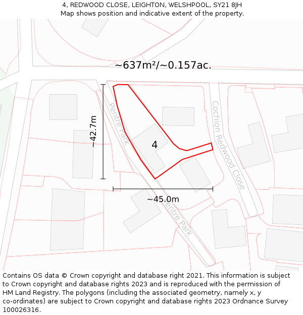 4, REDWOOD CLOSE, LEIGHTON, WELSHPOOL, SY21 8JH: Plot and title map