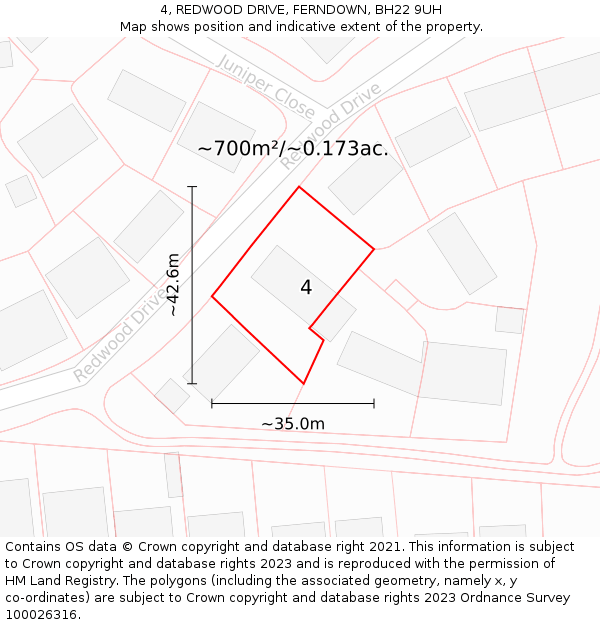 4, REDWOOD DRIVE, FERNDOWN, BH22 9UH: Plot and title map