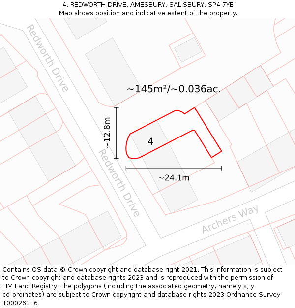 4, REDWORTH DRIVE, AMESBURY, SALISBURY, SP4 7YE: Plot and title map