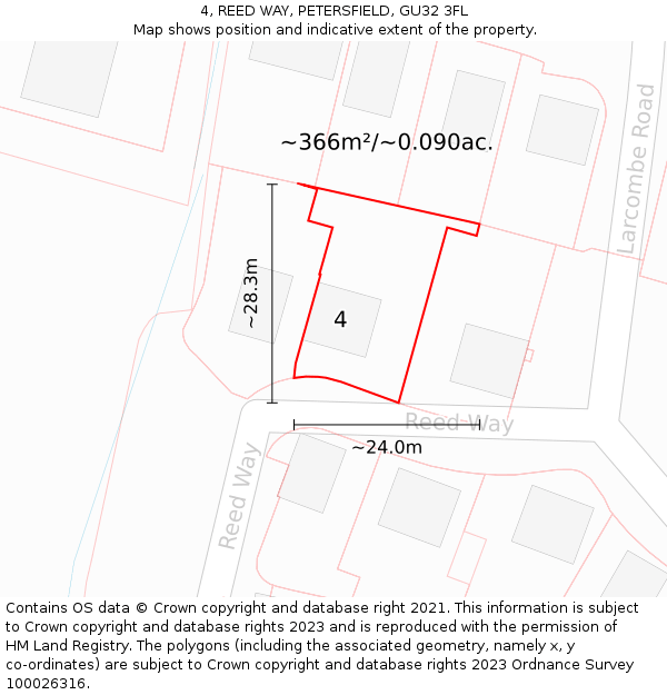 4, REED WAY, PETERSFIELD, GU32 3FL: Plot and title map