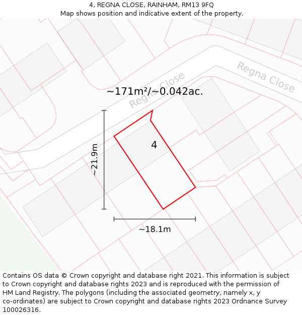 4, REGNA CLOSE, RAINHAM, RM13 9FQ: Plot and title map
