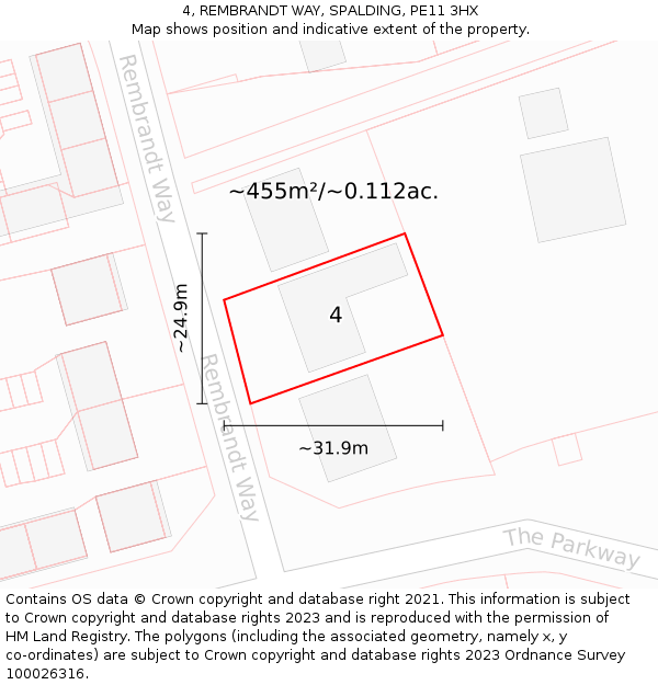 4, REMBRANDT WAY, SPALDING, PE11 3HX: Plot and title map